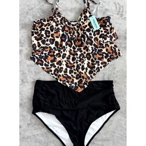 Adisputent Bikini Set Swimsuit Womens XL Black Brown Leopard Print High Waisted